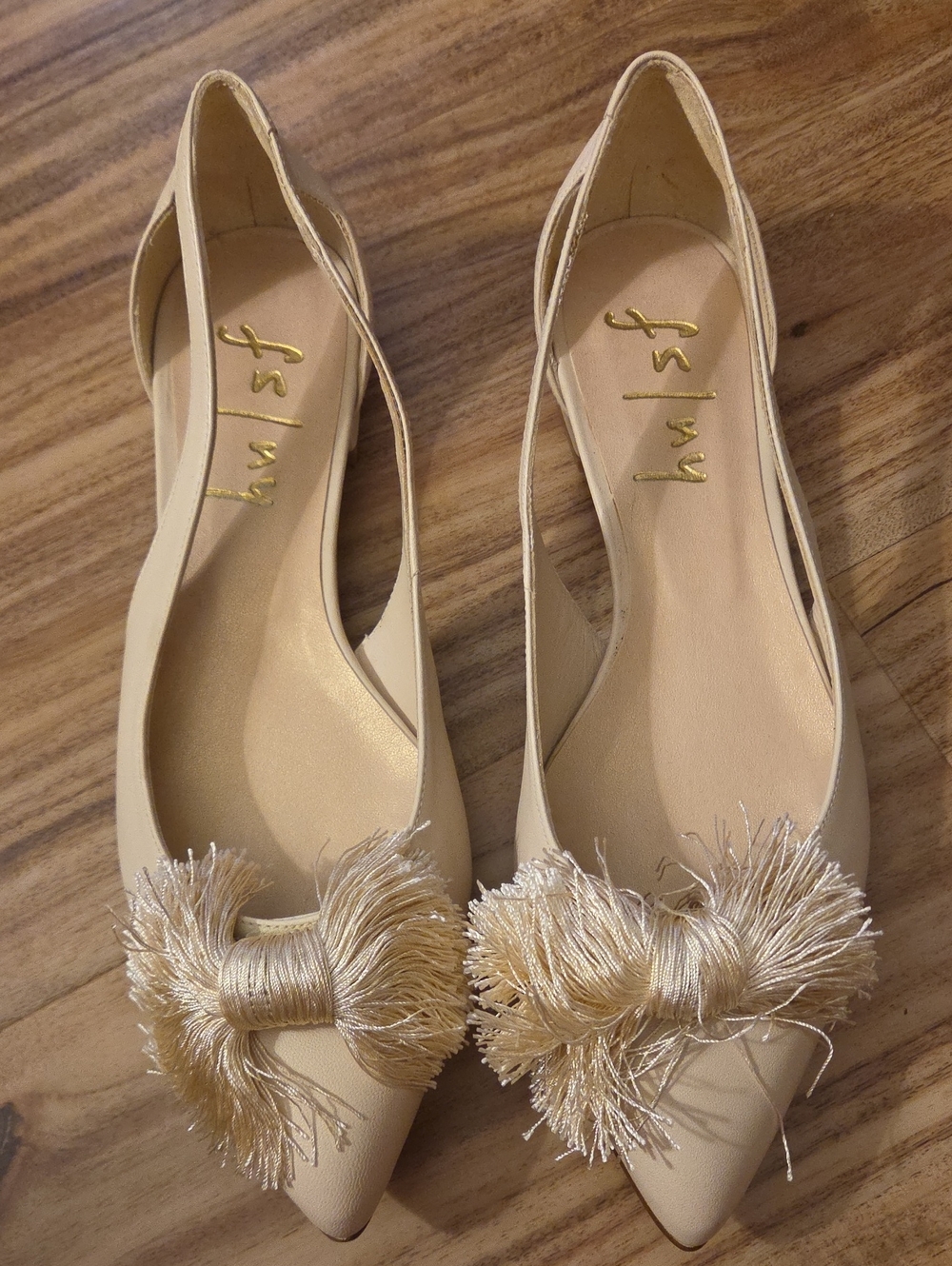 FS/NY French Sole Cream Leather Fringe Slingback Shoes